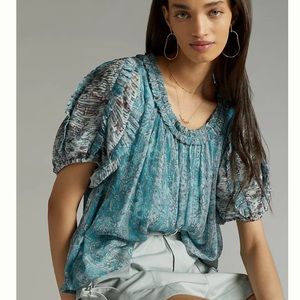 Anthropologie Let Me Be Teal Pintucked Chiffon Blouse, Size Medium